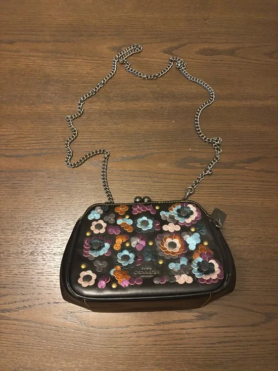 Coach Black Leather Floral Appliqué Crossbody with Chain Strap - Picture 1 of 3